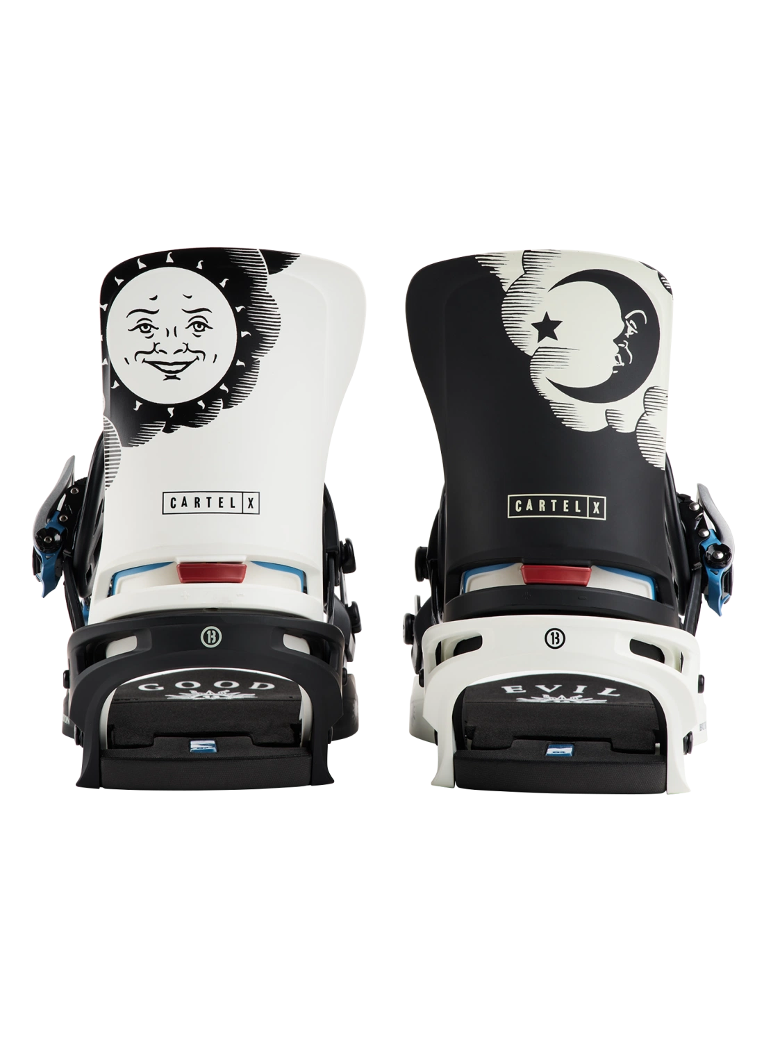 Burton 50th 94 Cartel X snowboard bindings for men, twin design, black and silver, with adjustable straps and high-performance features.