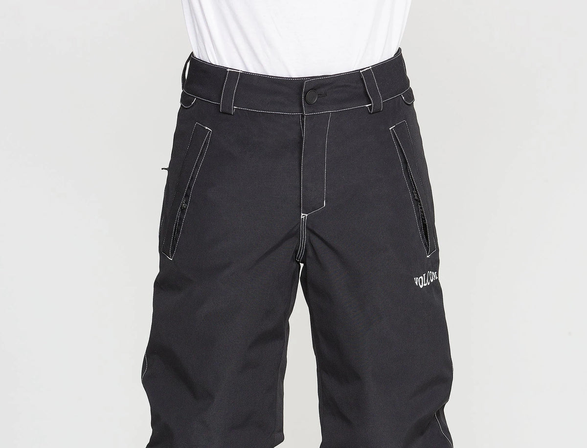 Volcom kids' Chaos insulated snow pants in black, showing waist and pocket detail