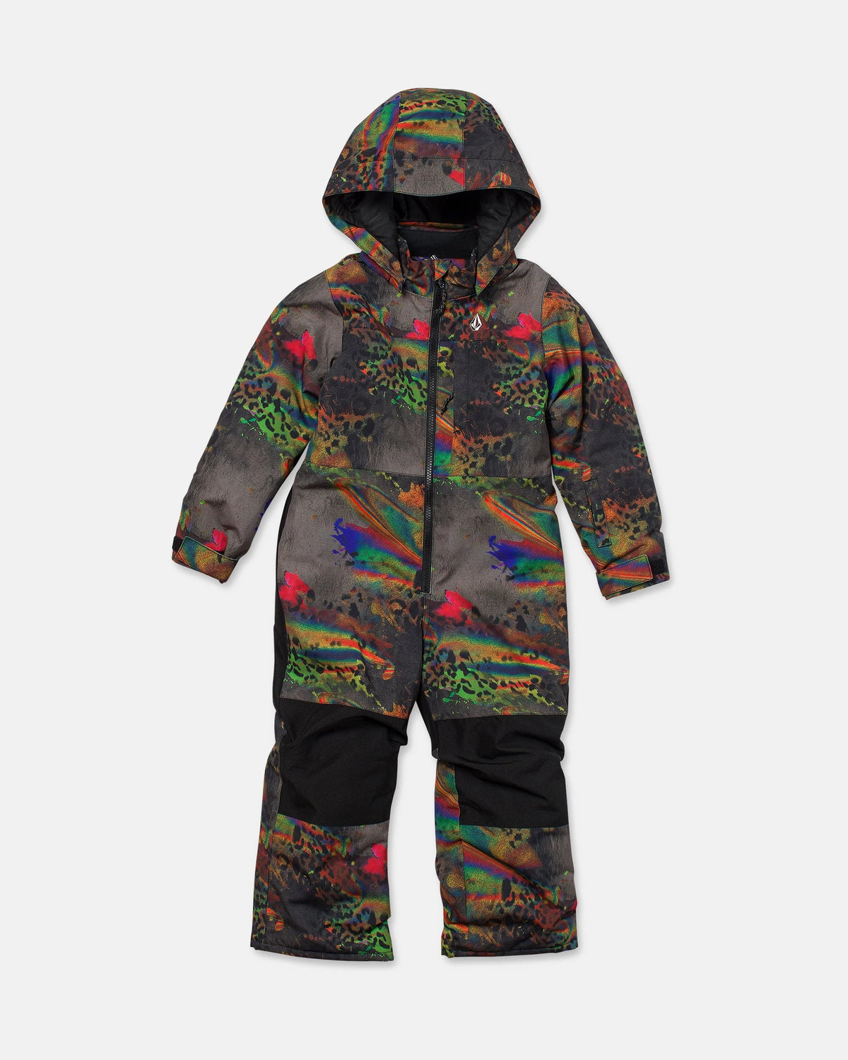 Volcom Kids' Little Flurry one-piece snowsuit in cheetah print, full-body winter snow gear