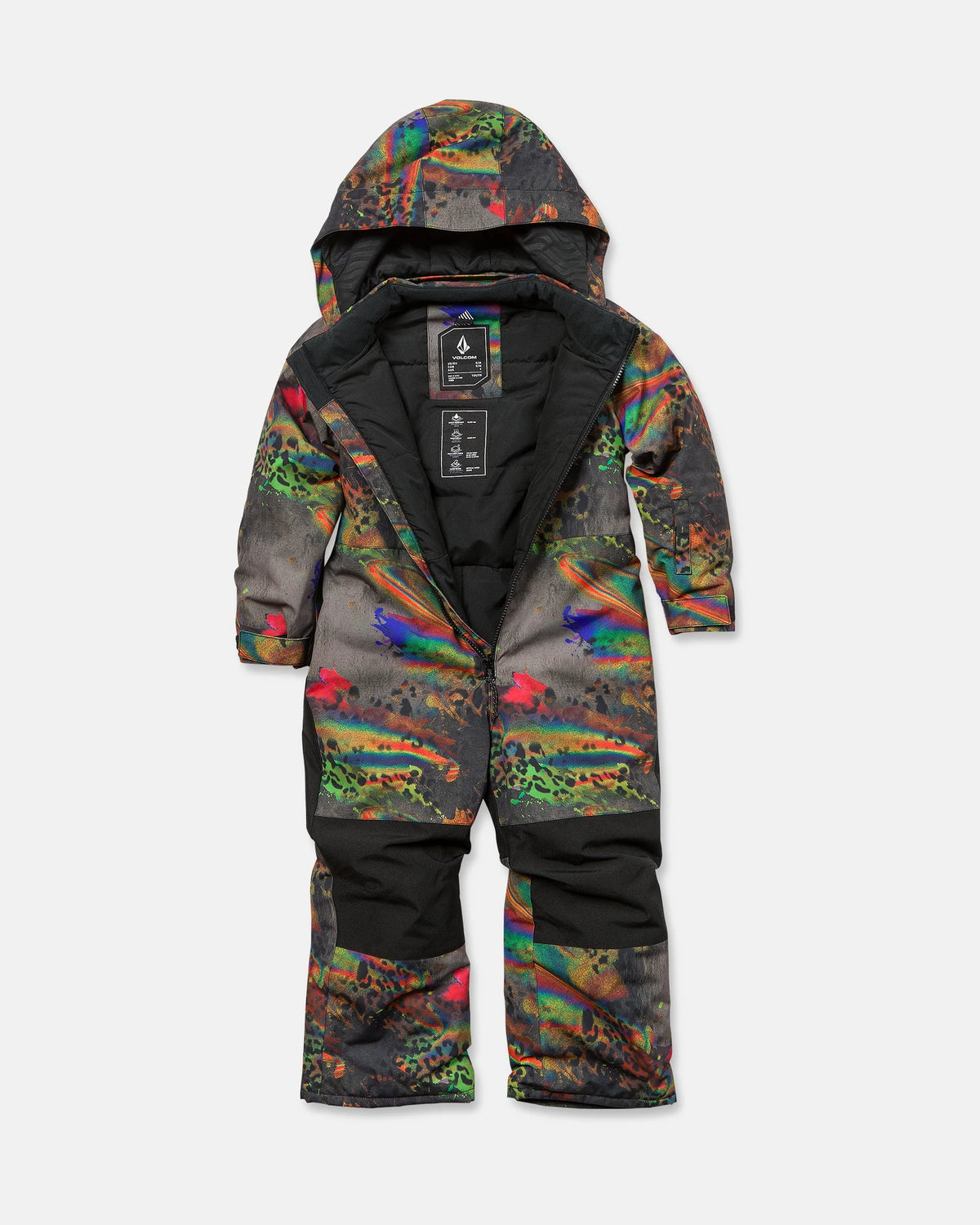 Volcom kids' Little Flurry one-piece snowsuit in cheetah print, full-body winter snow pants outfit