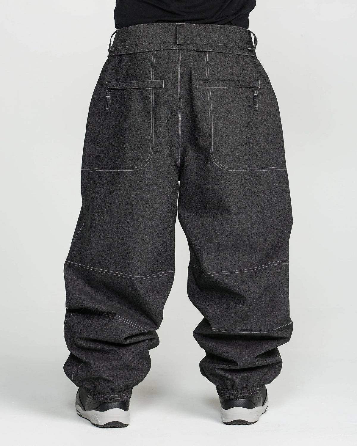 Volcom men's Lapper snow pants in black, front view with adjustable waistband and cargo pockets