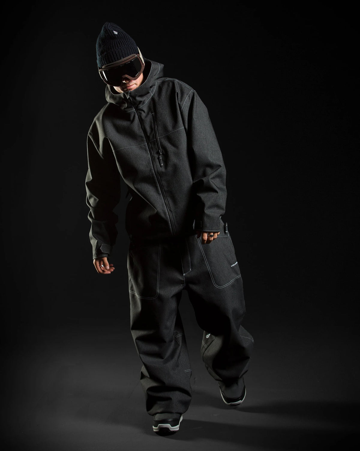 Volcom men's Top Stitch snow jacket in black denim with hood and zip front