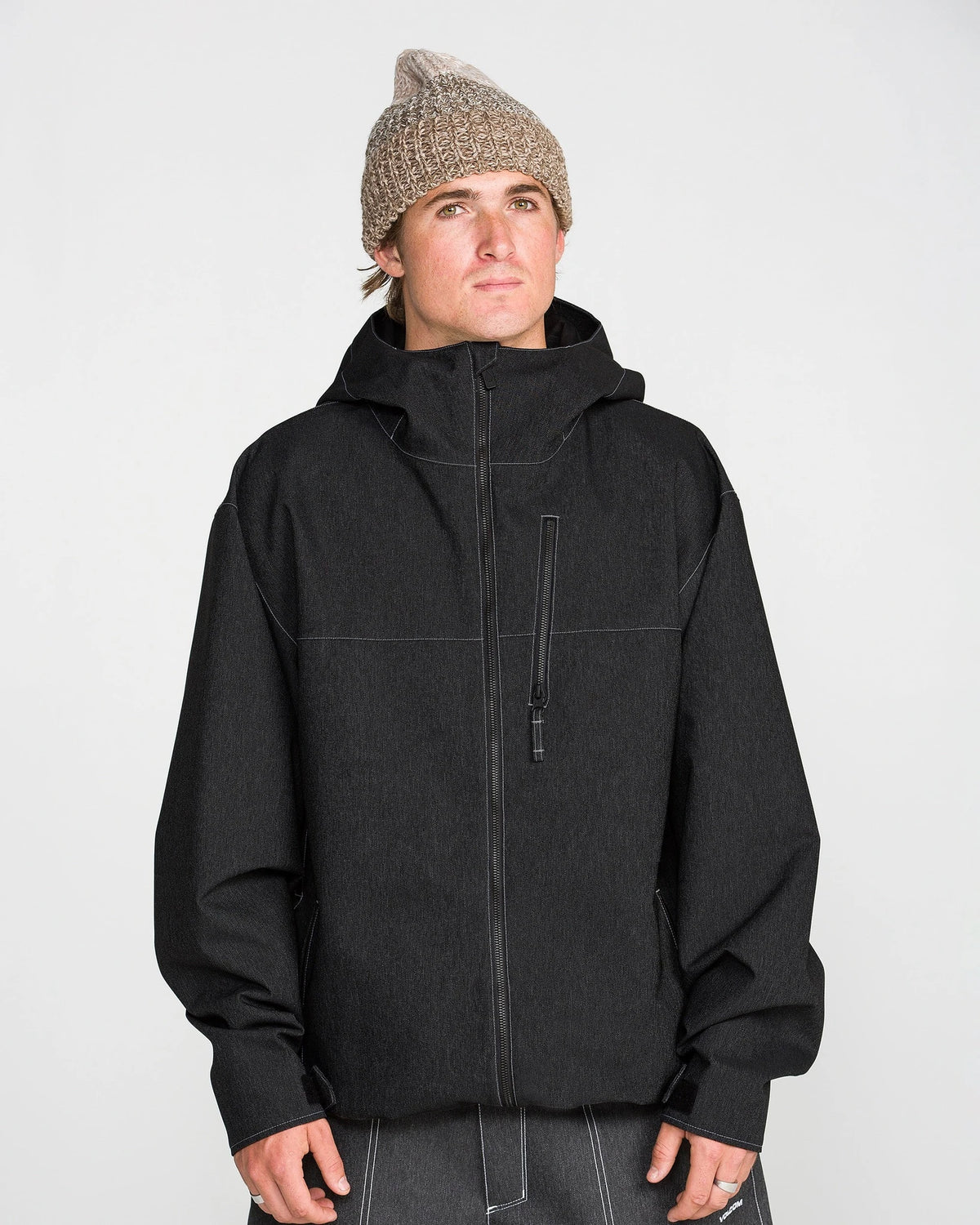Volcom men's Top Stitch snow jacket in black denim, front view