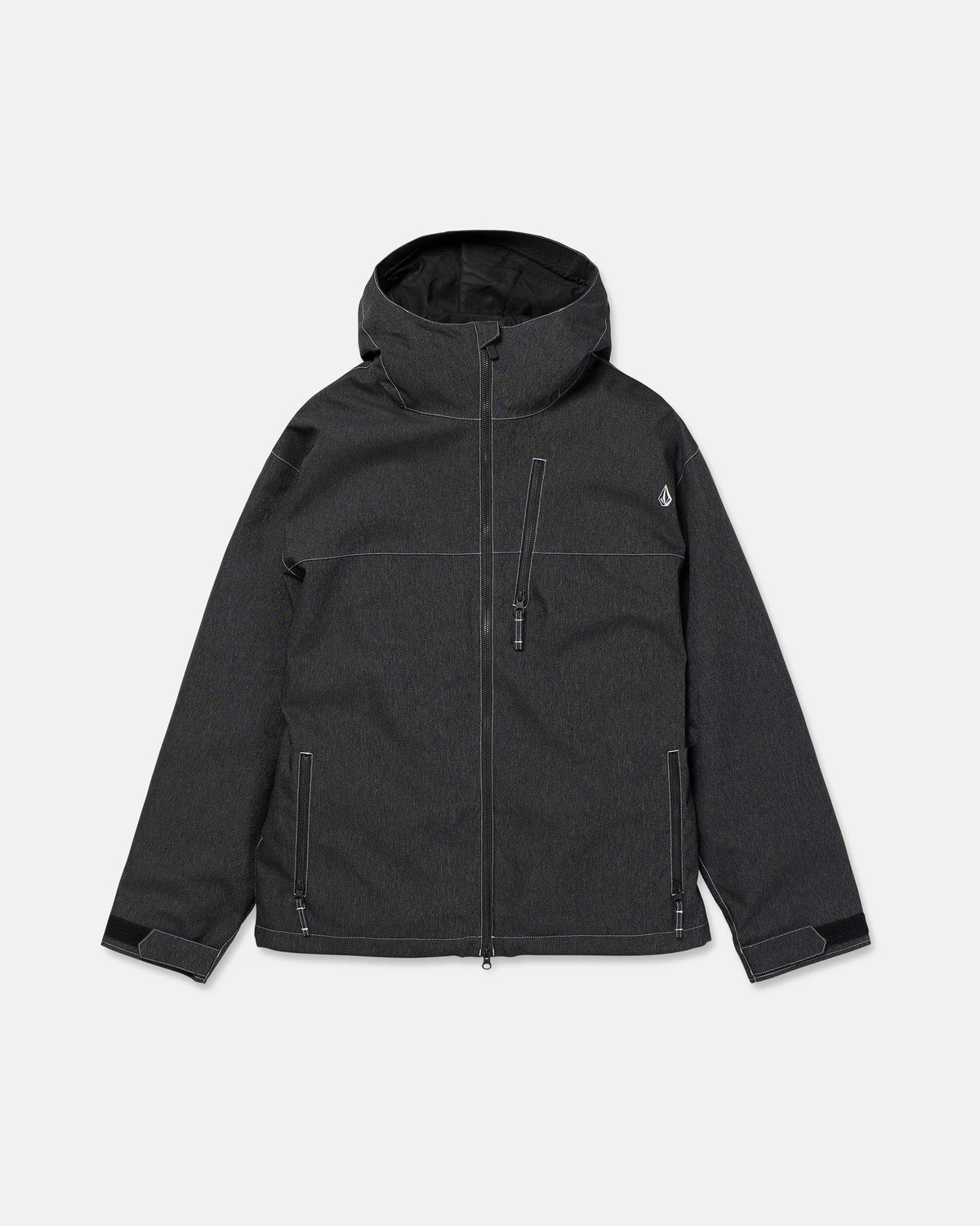 Volcom men's Top Stitch snow jacket in black denim, front view with hood and zip closure