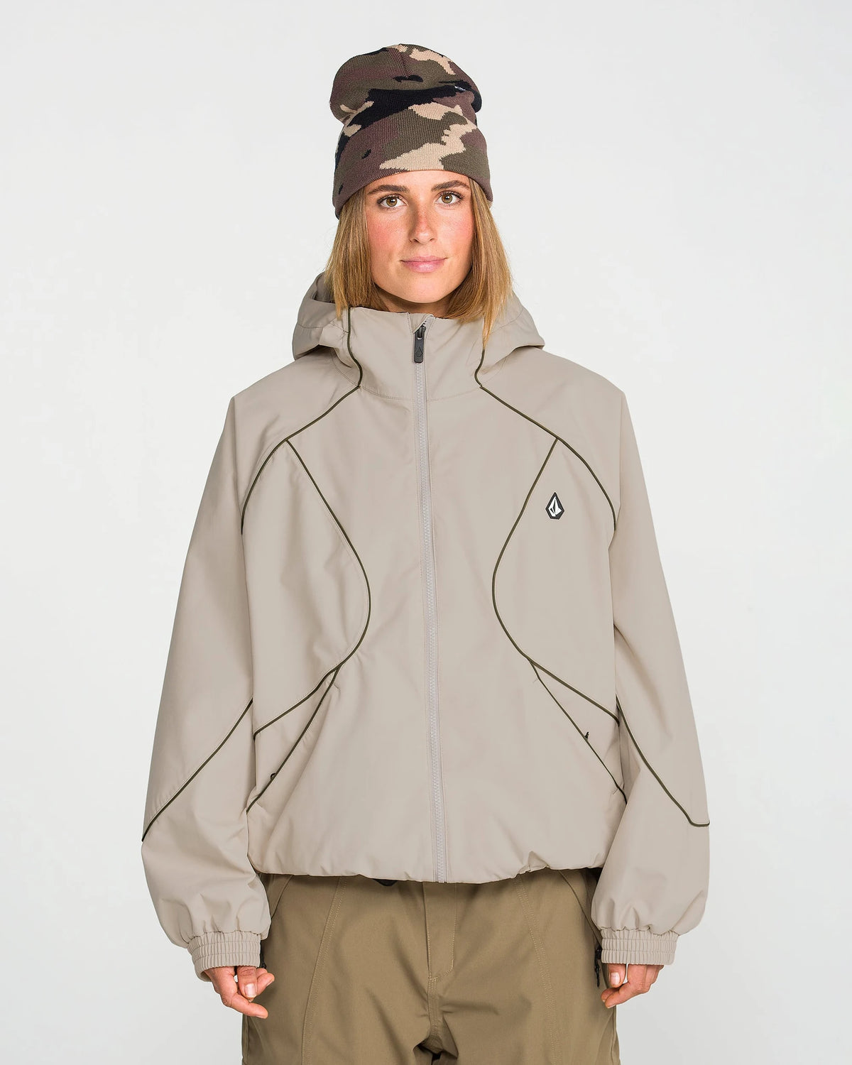 Volcom unisex Liftline 20K snow jacket in khaki, front view with hood and zip closure