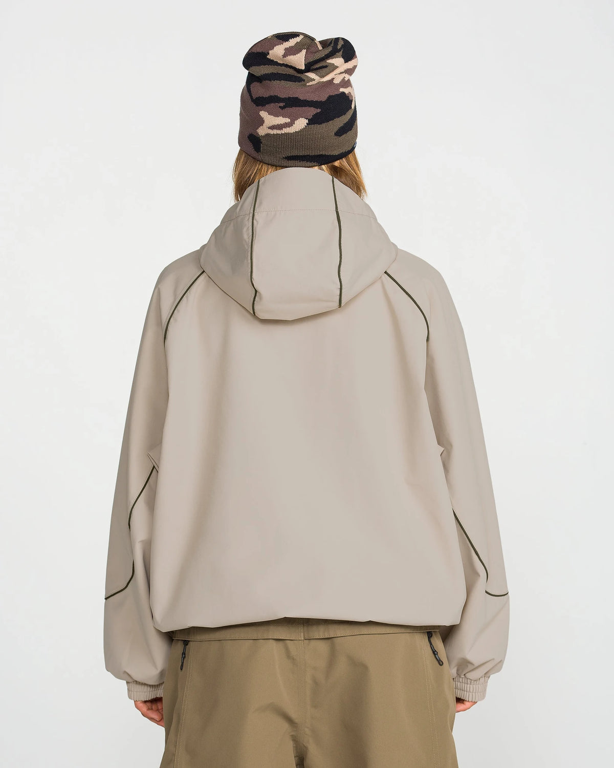 Volcom Unisex Liftline 20K snow jacket in khaki, front view with hood and zippered pockets