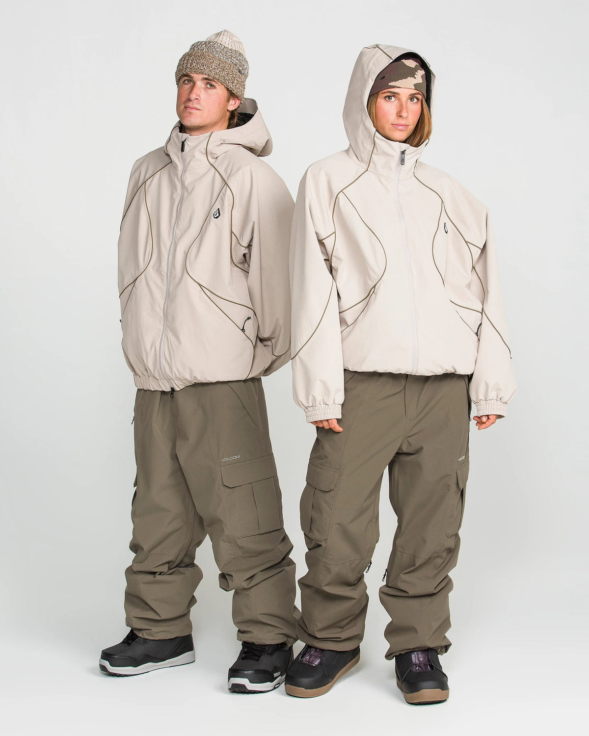 Volcom Liftline 20K unisex snow pants in teak, shown from the side with waterproof fabric and zip pockets