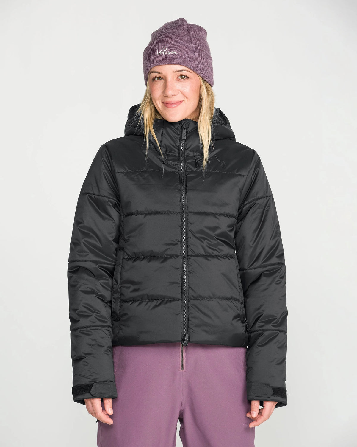 Volcom women's Avalon Puff snow jacket in black, front view
