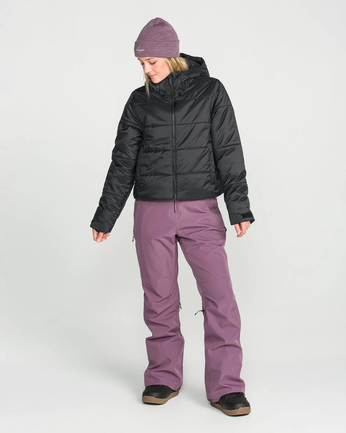 Volcom women's Avalon Puff snow jacket in black, front view
