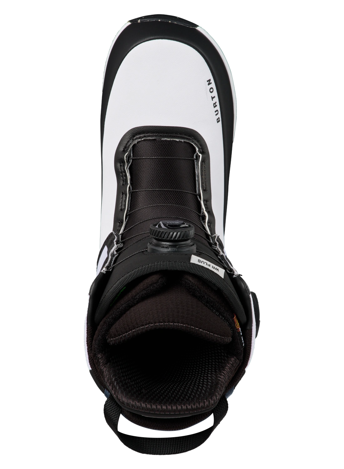 Black and white Burton Men's Waverange Plus Step On snowboard boots with lacing and waterproof design for winter snowboarding.