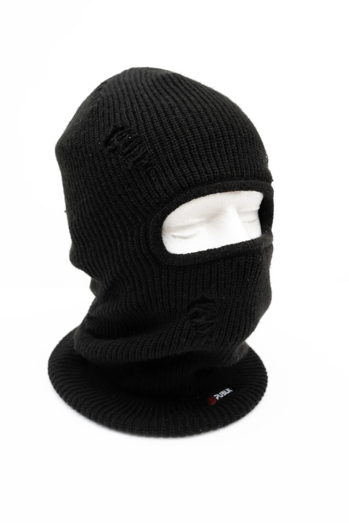 Public Distressed Black Balaclava worn on head, snow accessory for face protection by Public Snowboards.