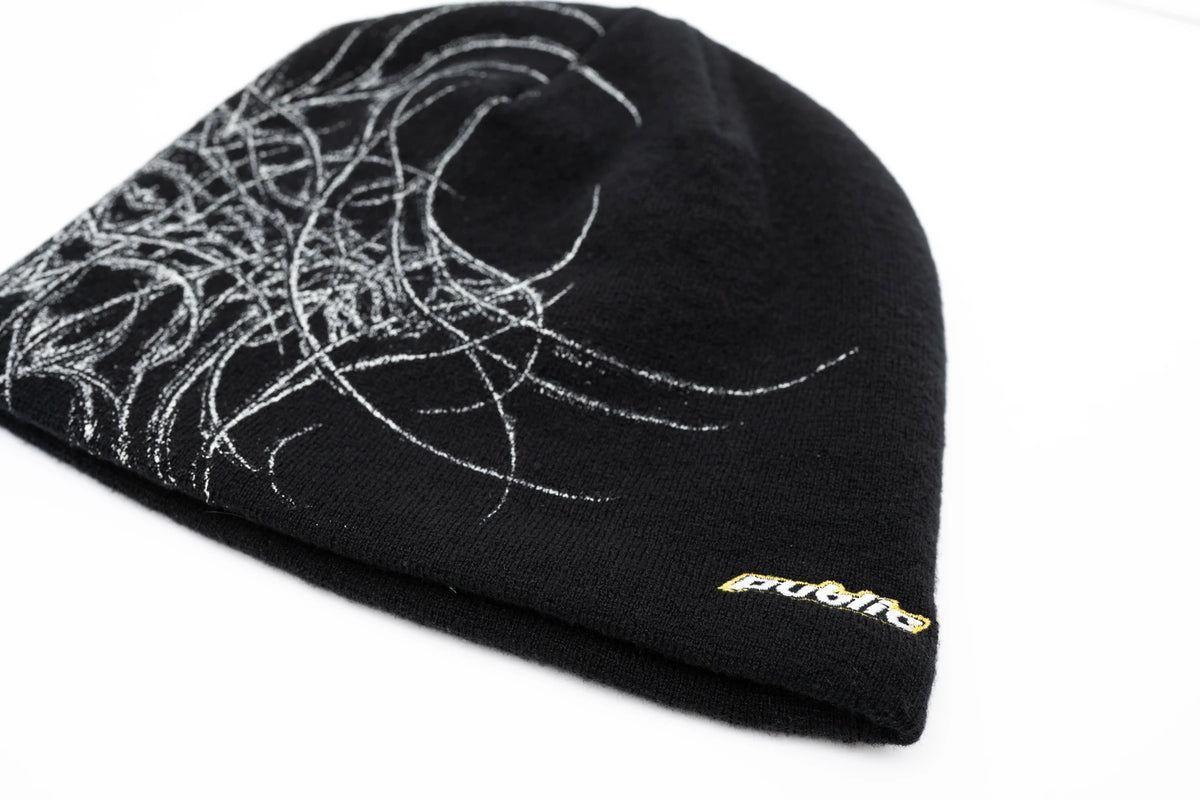 Black Public General Skully Beanie from Public Snowboards featuring a snug, stylish knit design for cold weather accessories.