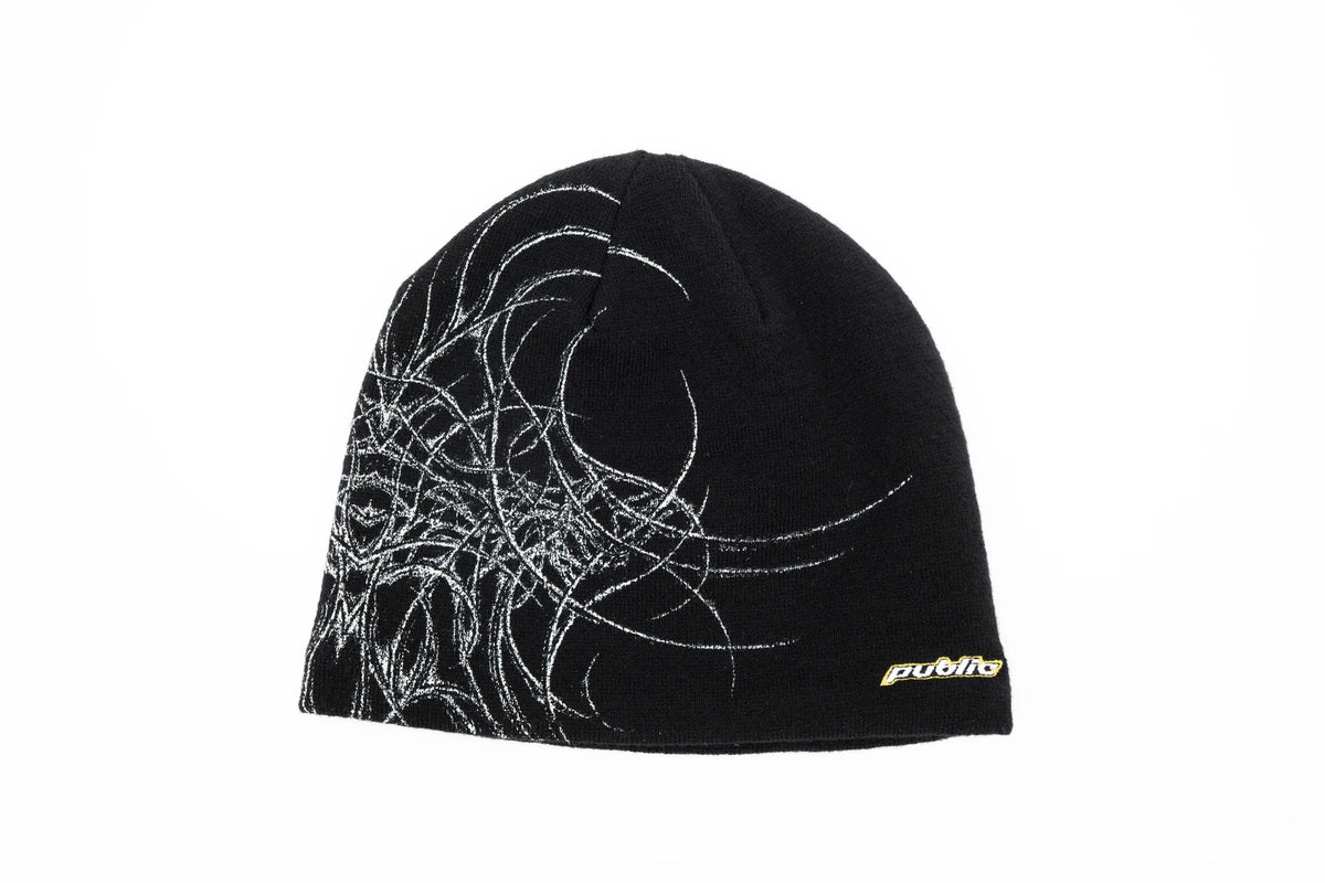Back view of Public Snowboards Skully Beanie in black, showcasing its snug fit and soft knit fabric for cold weather accessories.