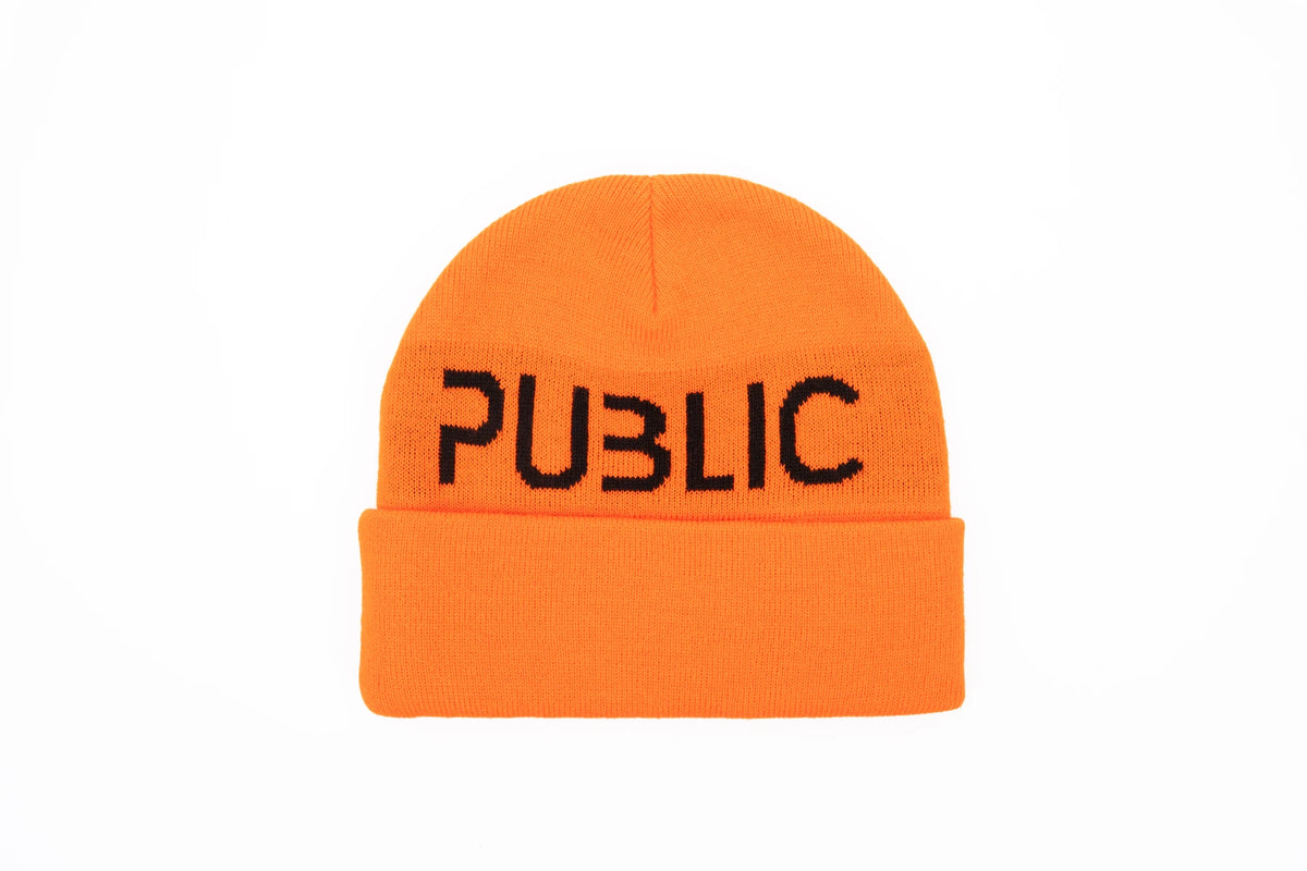 Orange Public Snowboards logo cuff beanie, cozy knit accessory featuring a folded cuff and branded logo on the front.