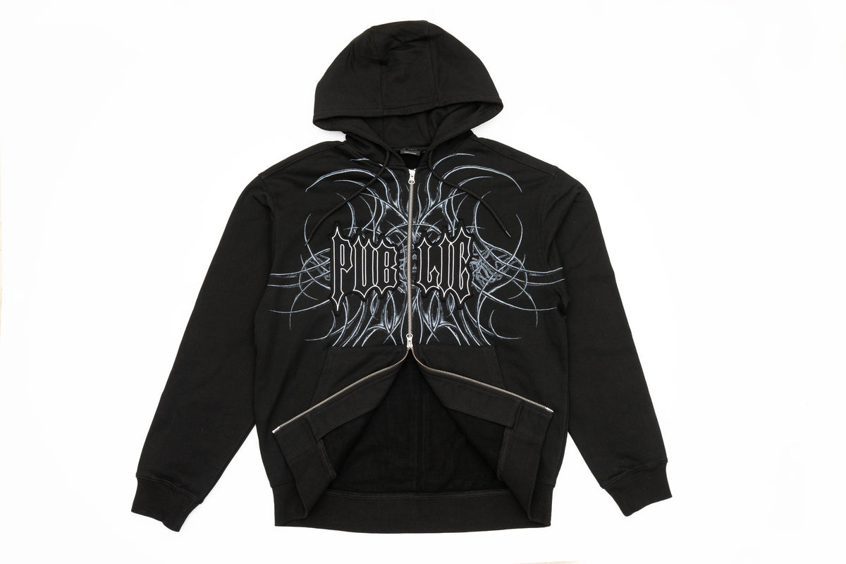 Black Public Snowboards men's zip-up hoodie with a back view, featuring a casual sweatshirt design and front zipper closure.