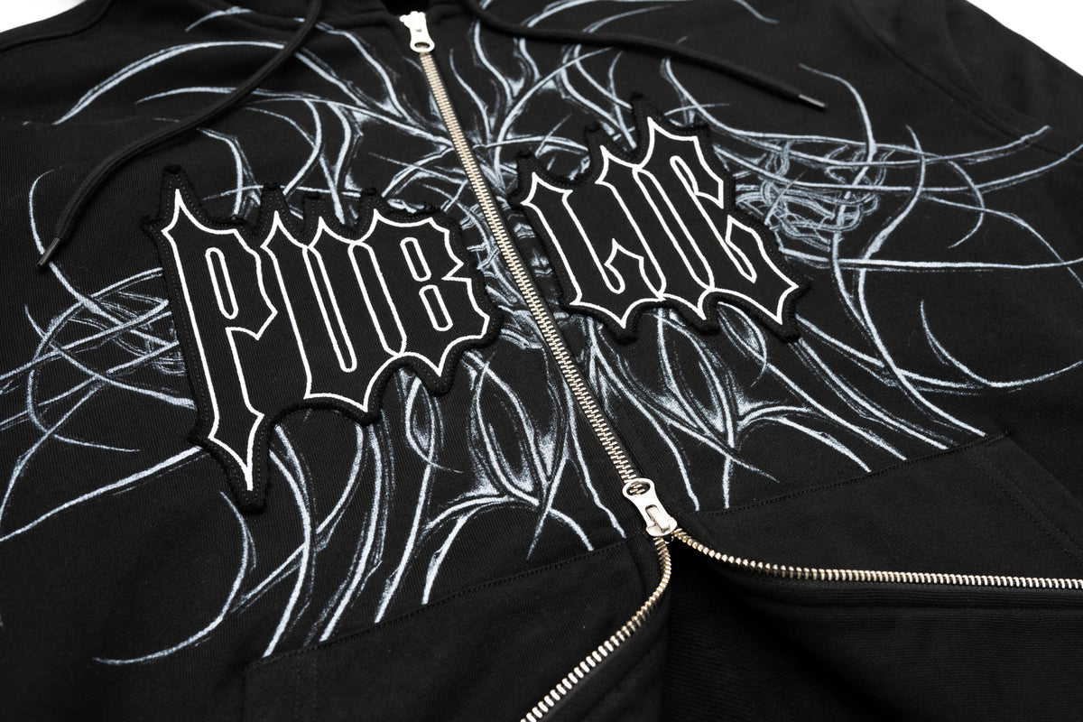 Men's black zip-up hoodie from Public Snowboards, featuring a front zipper and comfortable sweatshirt design.