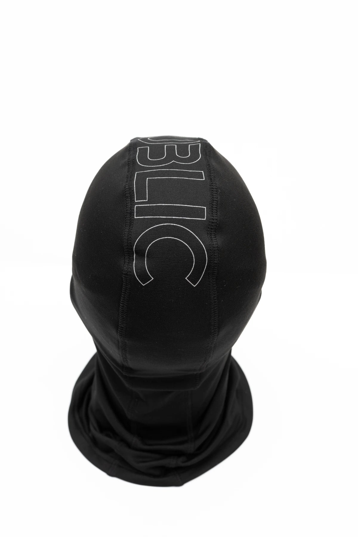 Public Snowboards black balaclava for snow face protection, shown from the back, made of breathable, snug-fitting fabric.