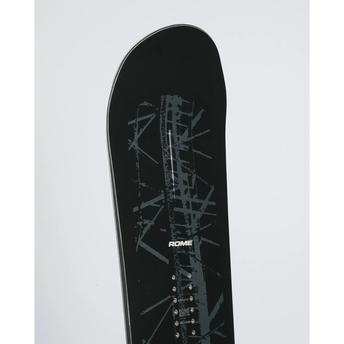 Close-up of the nose of the Rome Agent Pro 2027 men's snowboard showcasing its sleek design and graphic details.