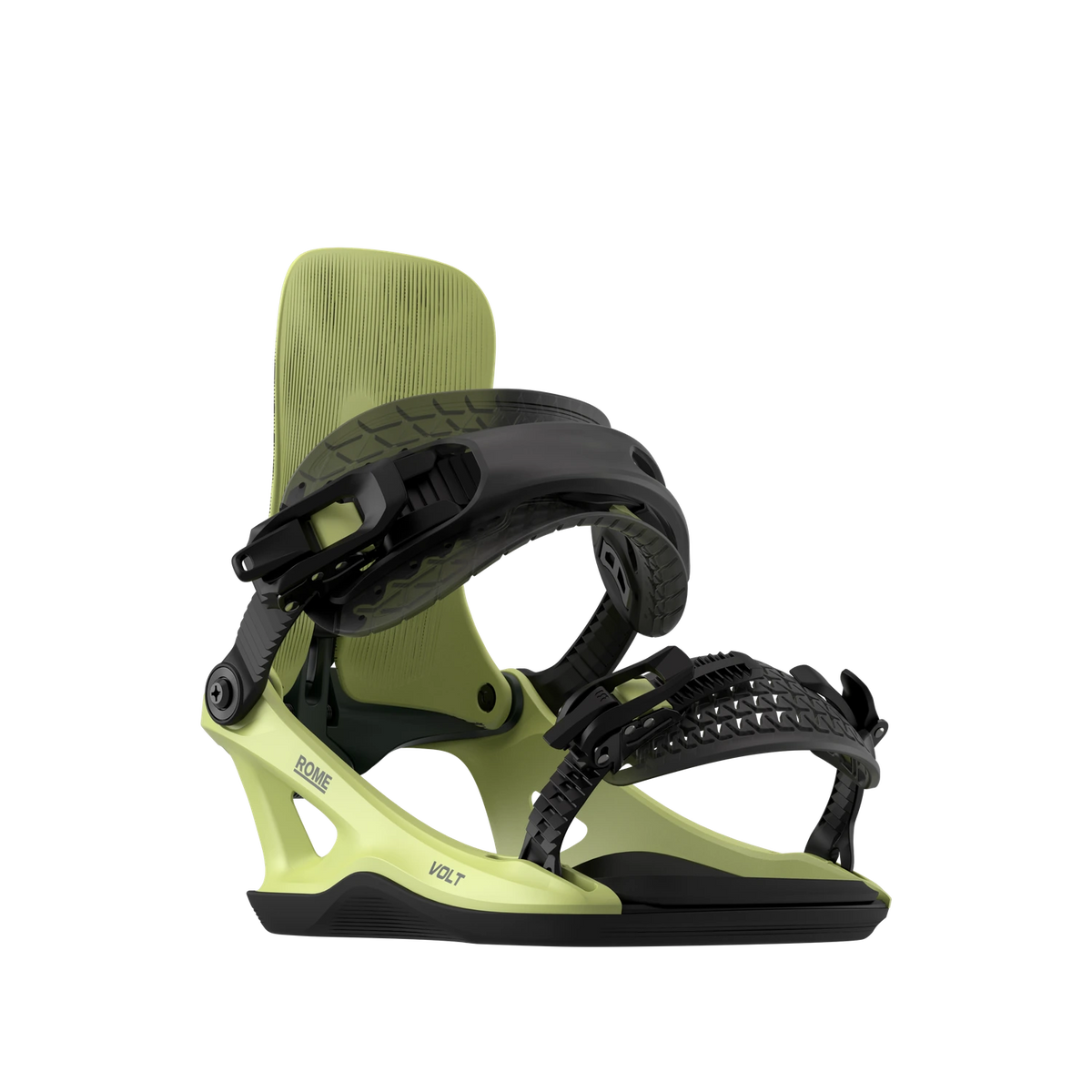 Rome Volt FASE snowboard bindings for men in acid color, front view showing adjustable straps and durable design.