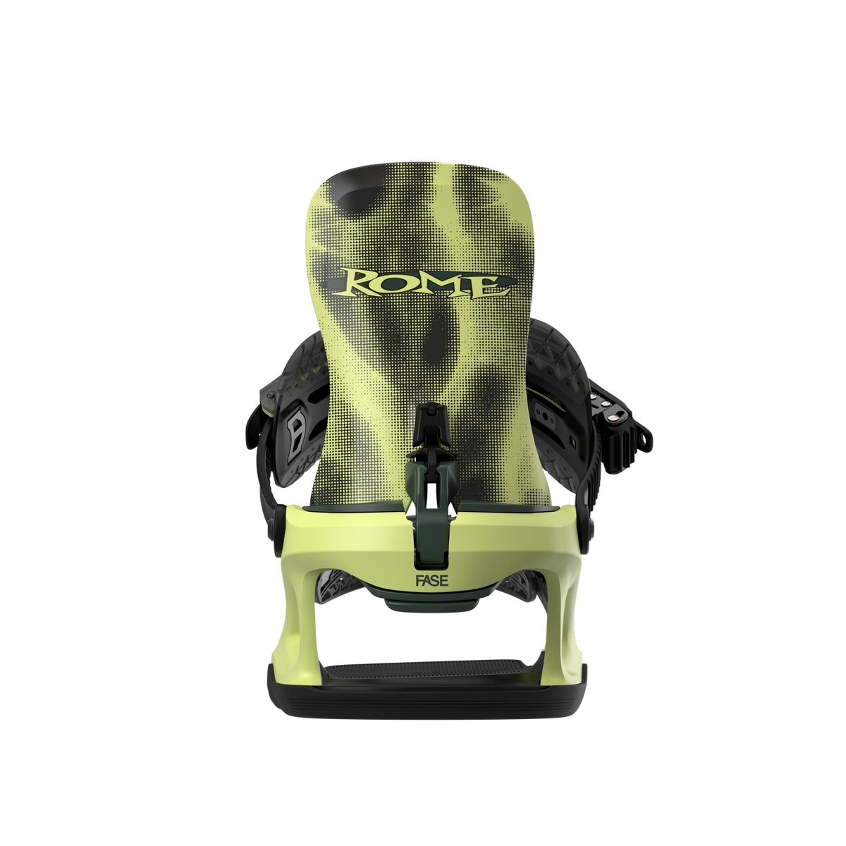 Rear view of Rome Volt FASE snowboard bindings for men, with acid-colored straps and high-performance hardgoods bindings.