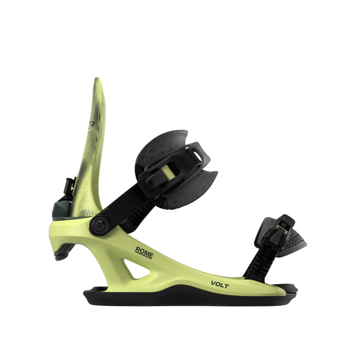Rome Volt FASE snowboard bindings for men, side profile view showing acid-colored straps and high-back support.