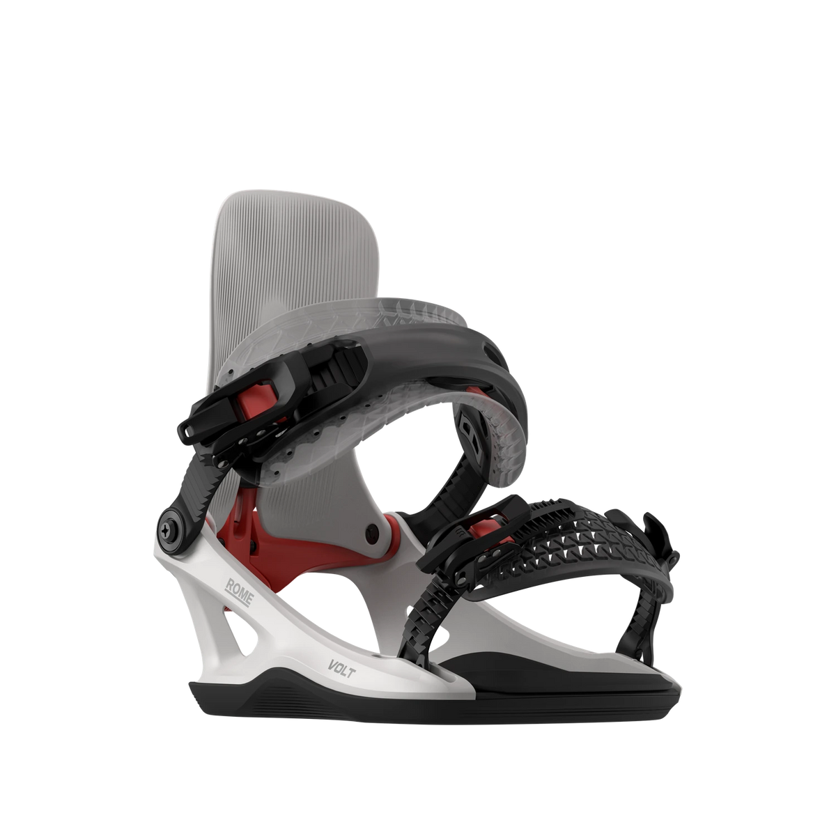 Rome Volt FASE snowboard bindings for men in stone, front view showing sturdy construction and adjustable straps.