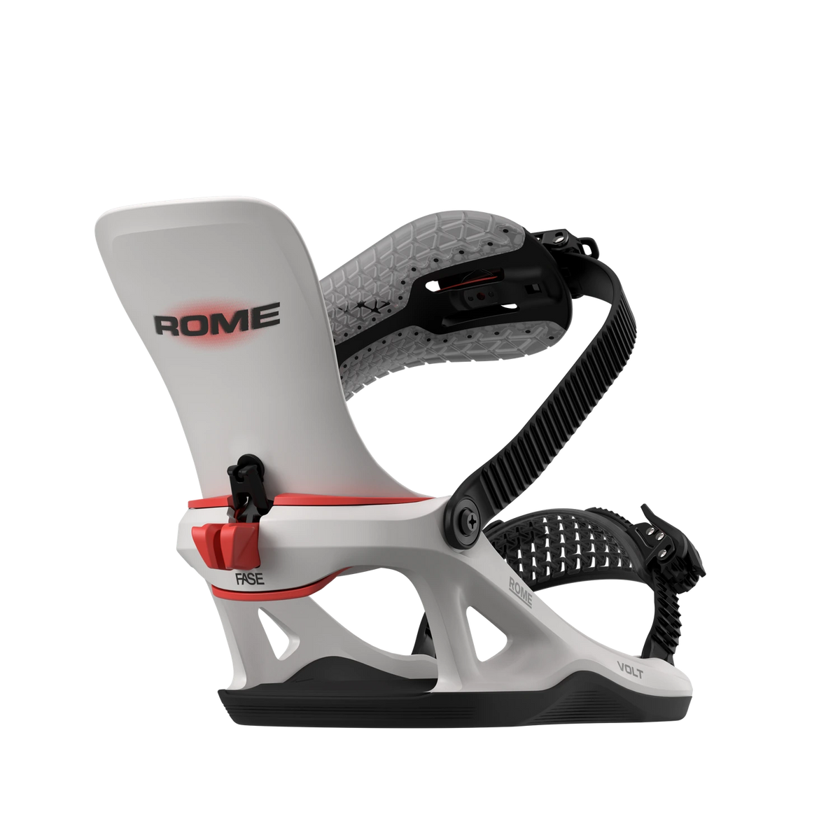Rome Volt FASE snowboard bindings for men in stone color, rear open view showing strap and high-back design.