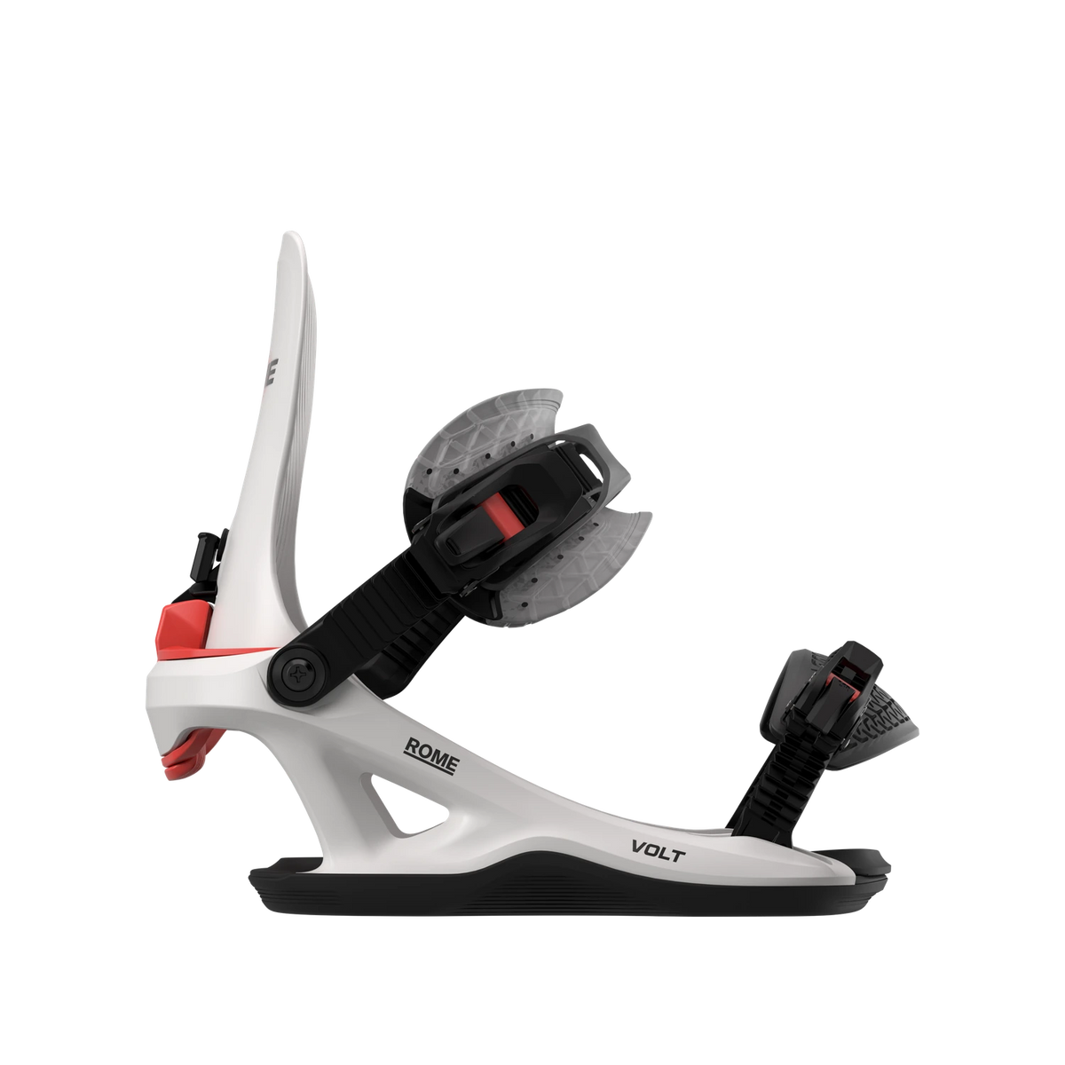 Side profile of Rome Volt FASE snowboard bindings for men, featuring a durable stone-colored hardgoods design.