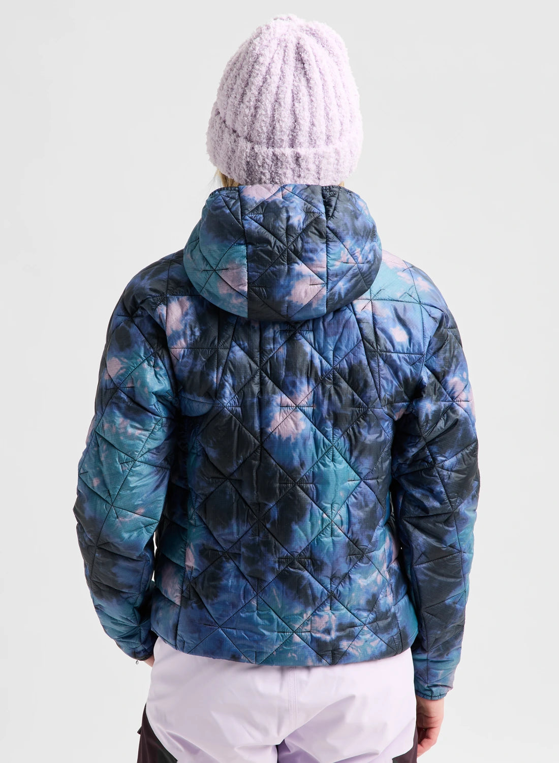 Back view of women's Burton Reserve synthetic insulated hooded jacket in Crystal Dye, designed for snow and cold weather.