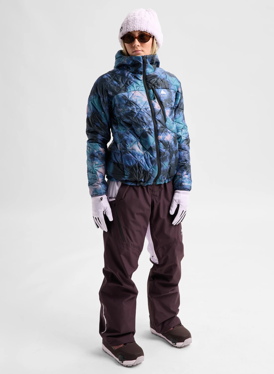 Women's Burton Reserve synthetic insulated hooded jacket in crystal dye, designed for cold weather and outdoor snow activities.