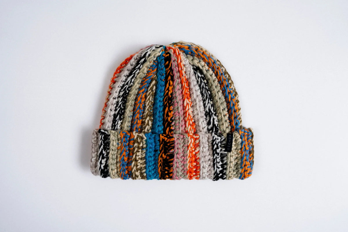 Autumn Headwear teal patchwork beanie hat with knitted patchwork design, cozy accessories for fall and winter wear