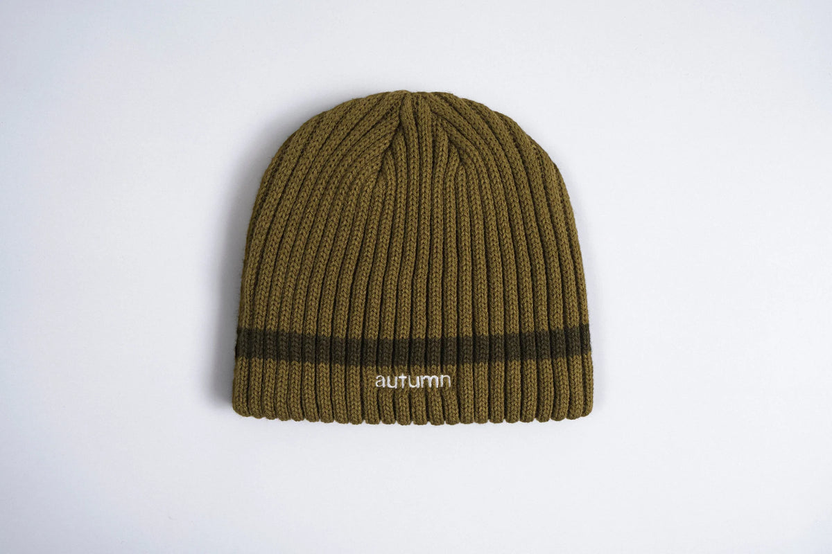Autumn Stamnes Fir beanie by Autumn Headwear, cozy knit accessory in earthy green tones, perfect for fall weather.
