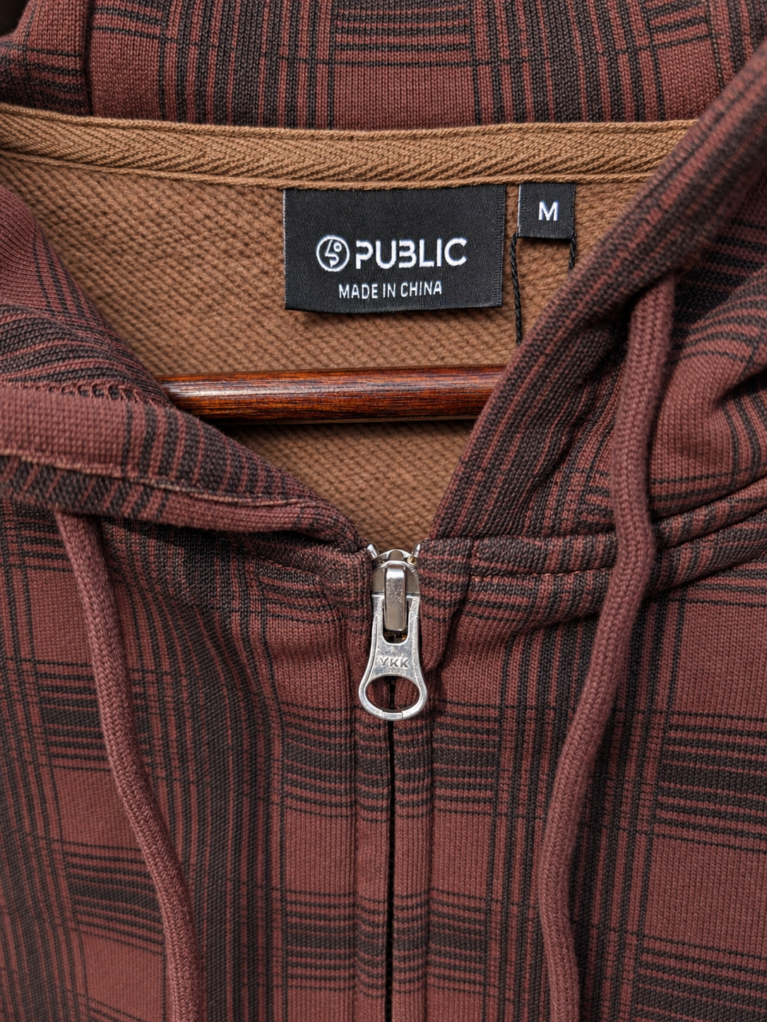 Public Snowboards men's plaid zip-up hoodie in brown, stylish casual sweatshirt with a front zipper and plaid pattern.