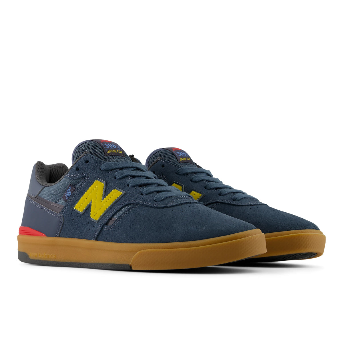New Balance Numeric Jamie Foy 306C cupsole skate shoes in shadow blue and yellow, angled pair view