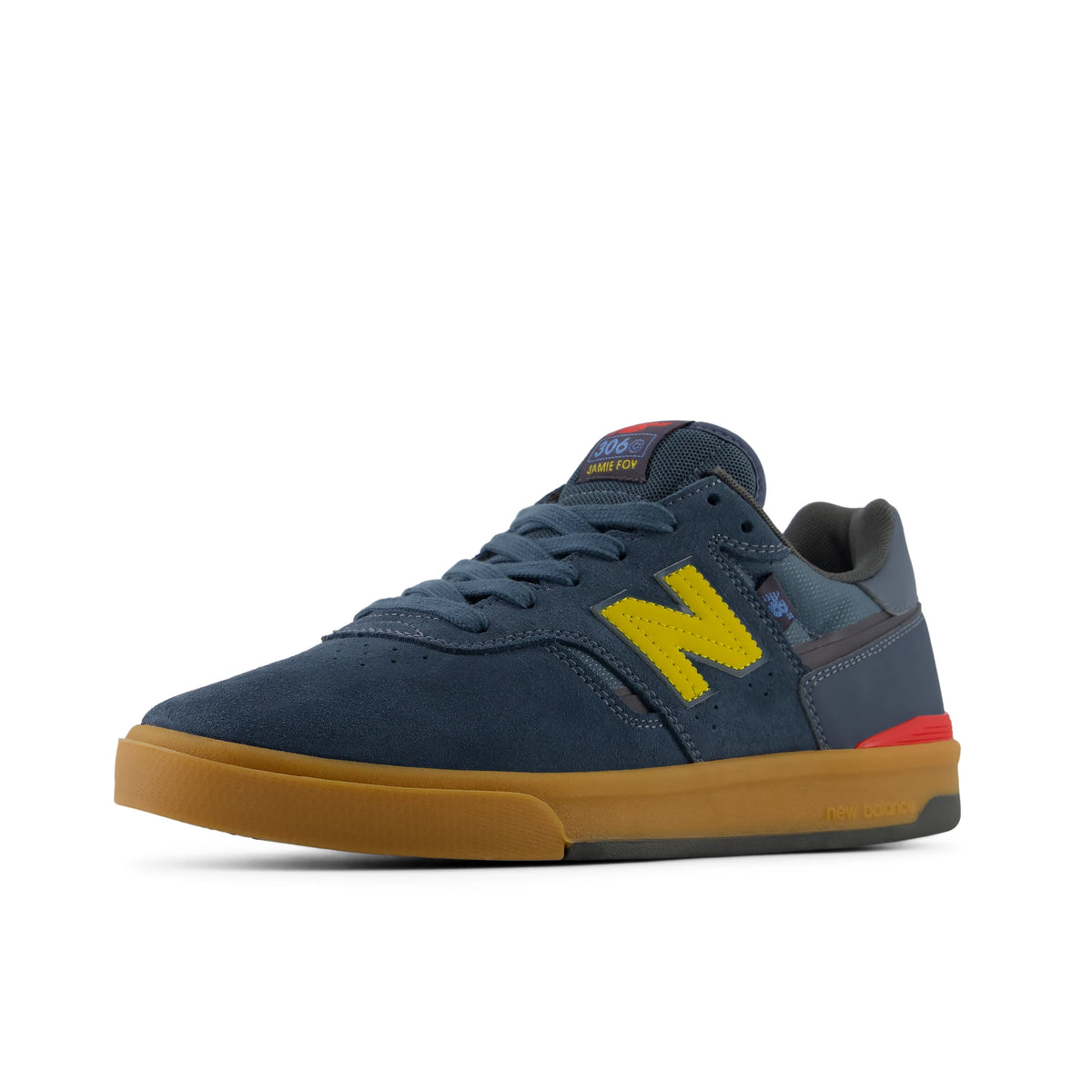 New Balance Numeric Jamie Foy 306C cupsole skate shoe in shadow blue and yellow, angled view