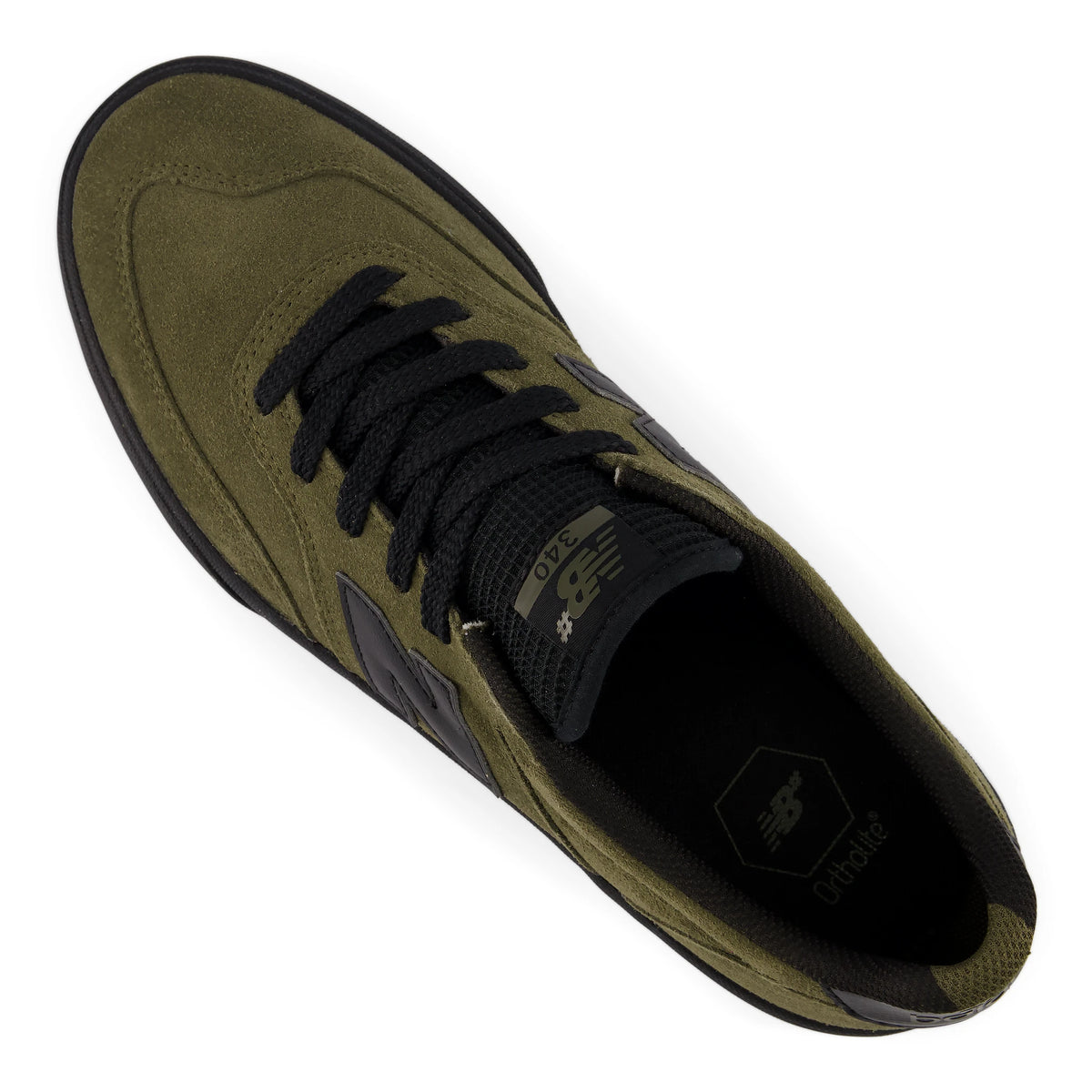 New Balance Numeric 340 men's skate shoes in olive and black, upper detail view