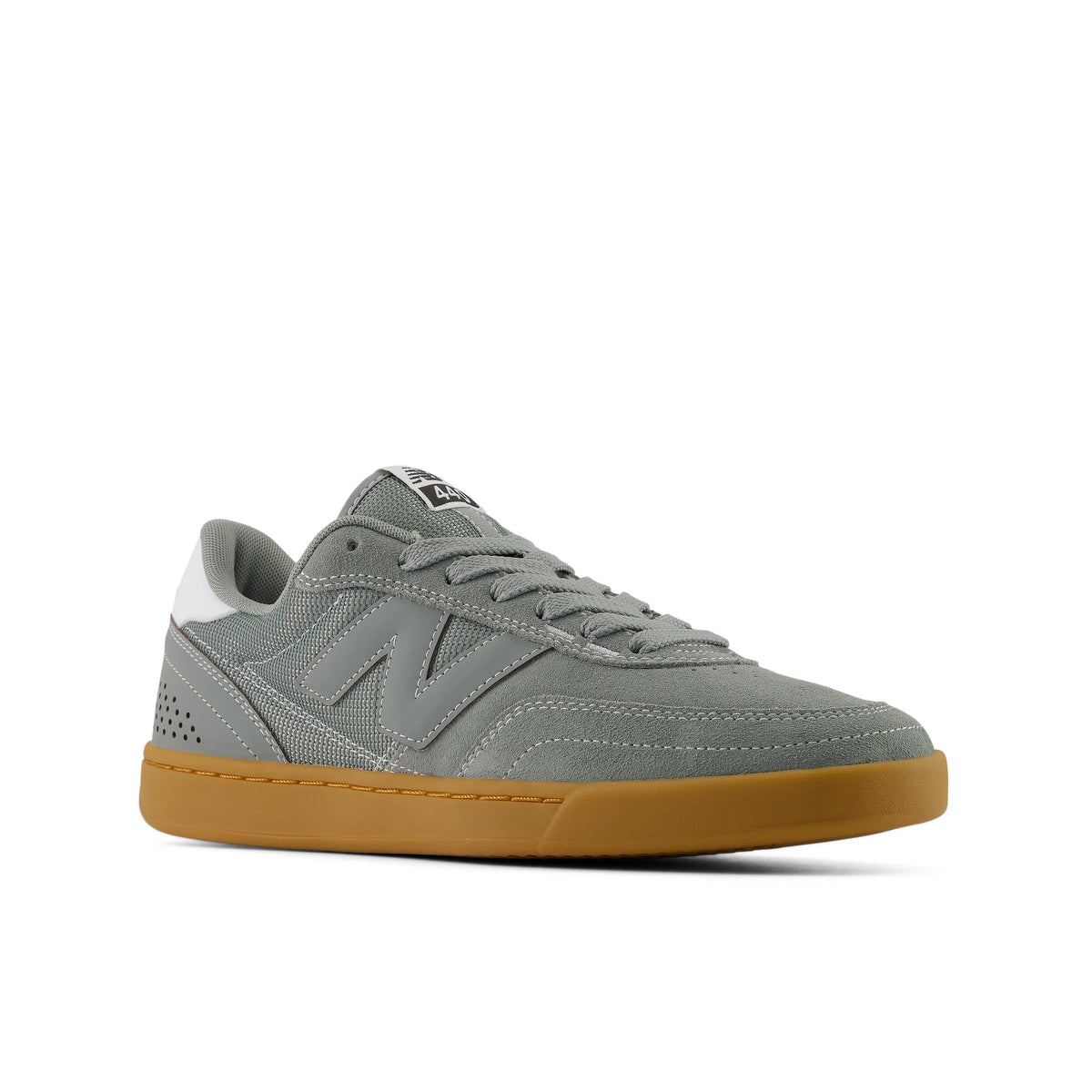 New Balance Numeric 440 V2 skate shoes in grey with gum sole, front angle view