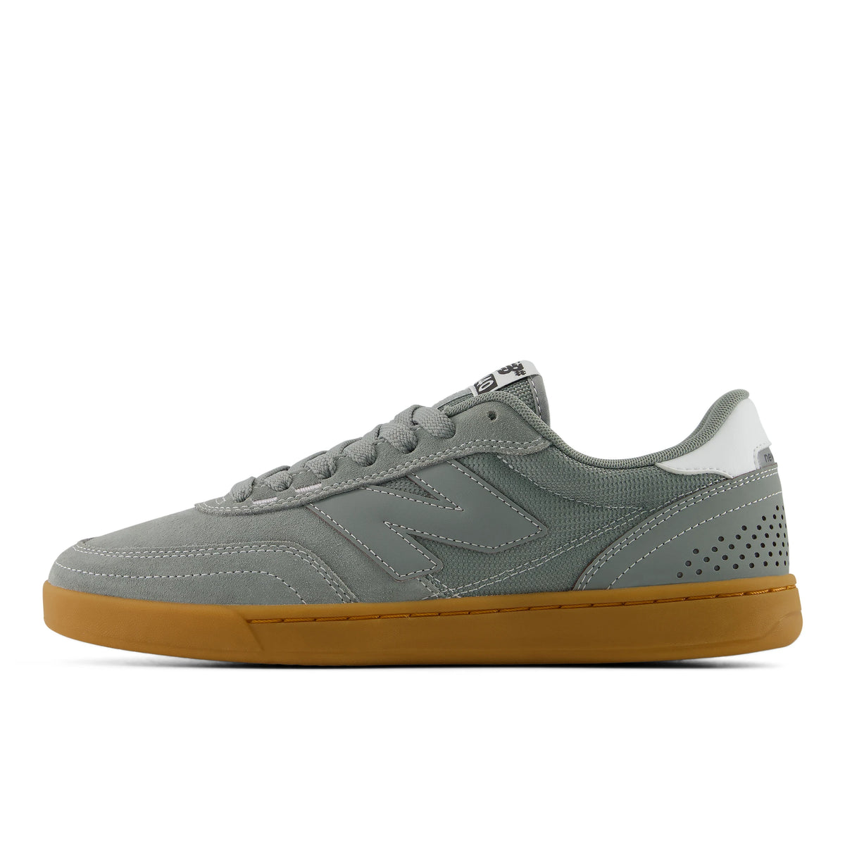 New Balance Numeric 440 V2 skate shoes in grey with gum sole, lateral side view