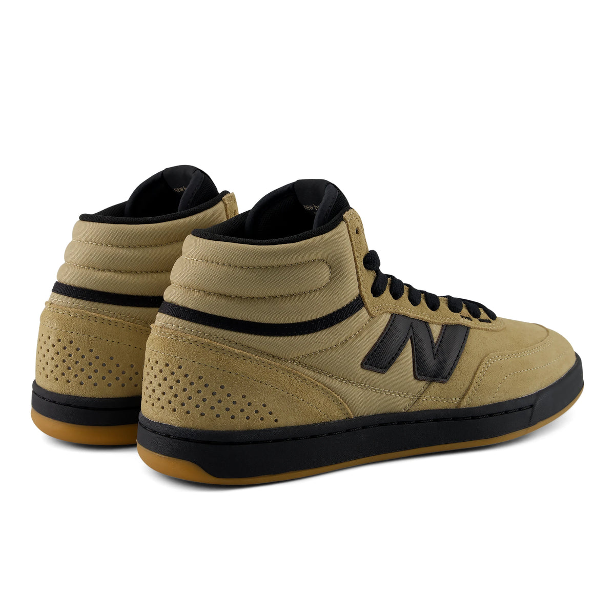 New Balance Numeric 440 High V2 skate shoes in sand and black, rear angled view of pair