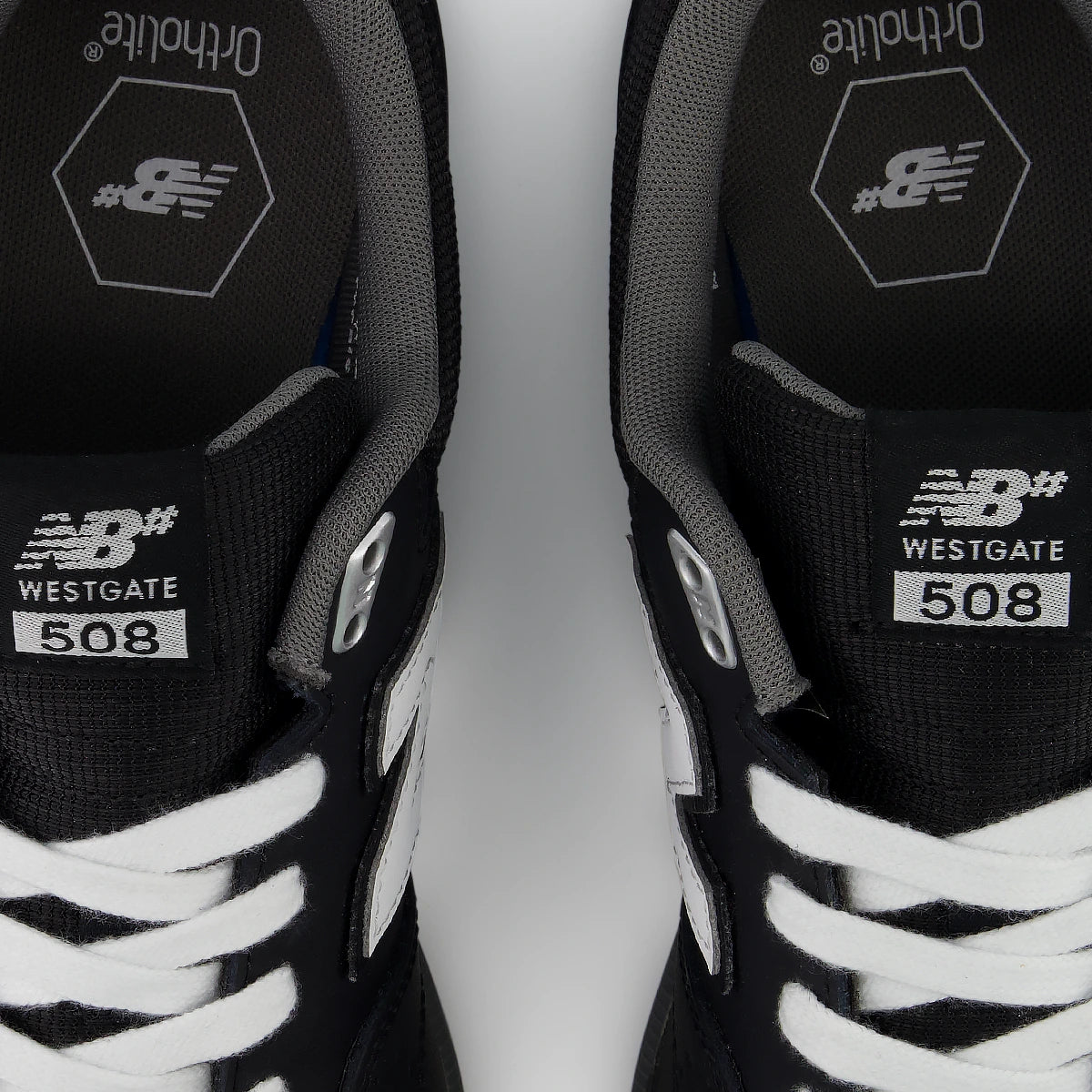 New Balance Numeric Brandon Westgate 508 black skate shoe tongue and white laces detail