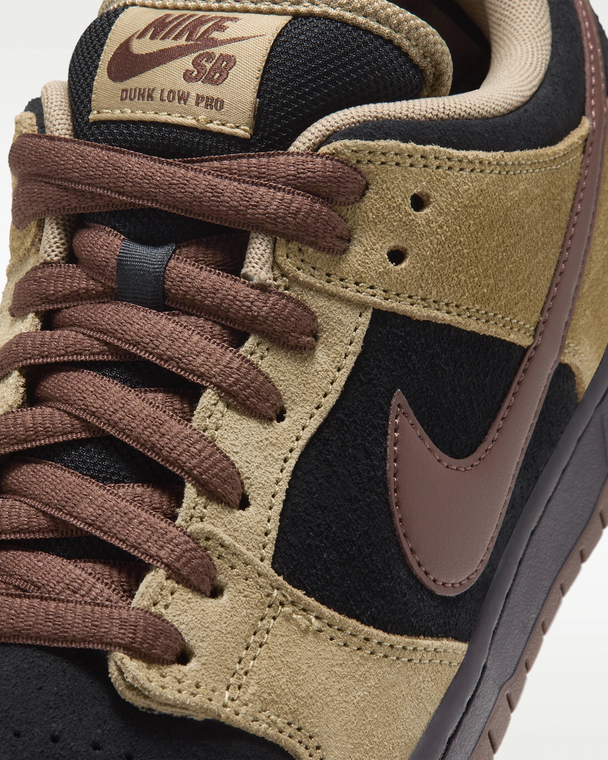 Nike SB Dunk Low Pro Filbert Black suede tongue and shoe detail