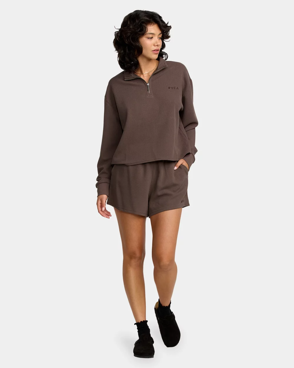 RVCA Womens Glory Waffle Long Sleeve Quarter Zip Shirt - People Skate and Snowboard