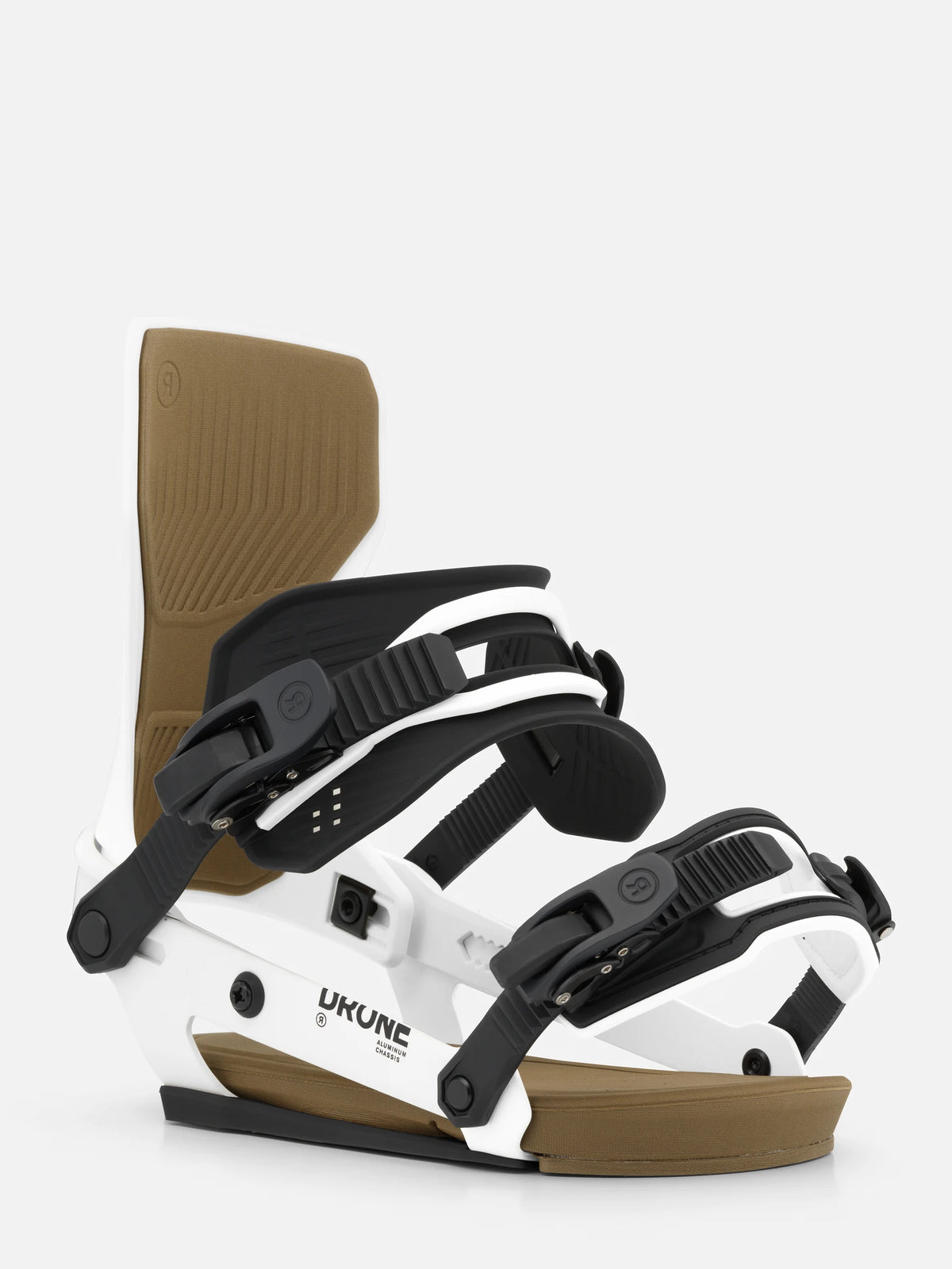 RIDE Drone White 2027 snowboard bindings – front three-quarter view