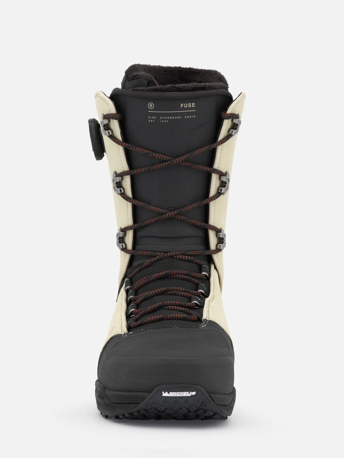 RIDE Fuse Tan 2027 snowboard boots – front view showing lacing