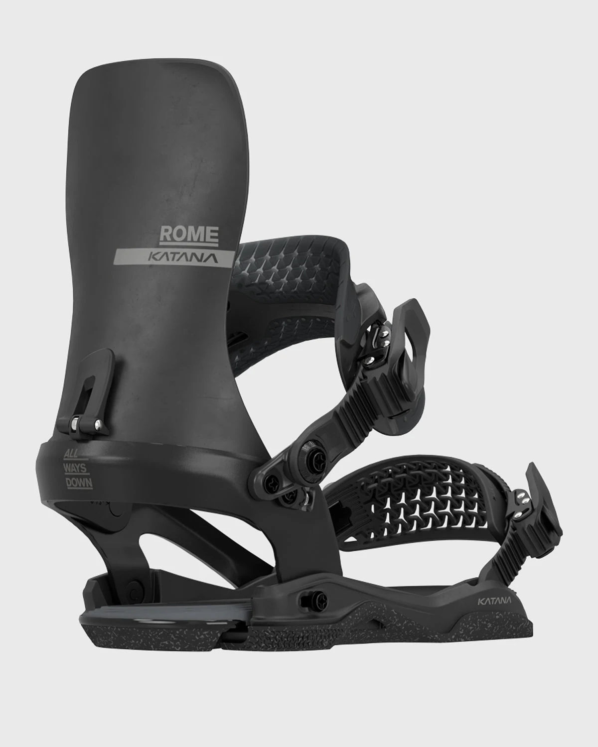Rome Katana AW snowboard bindings in black, men's snowboarding hardgoods gear
