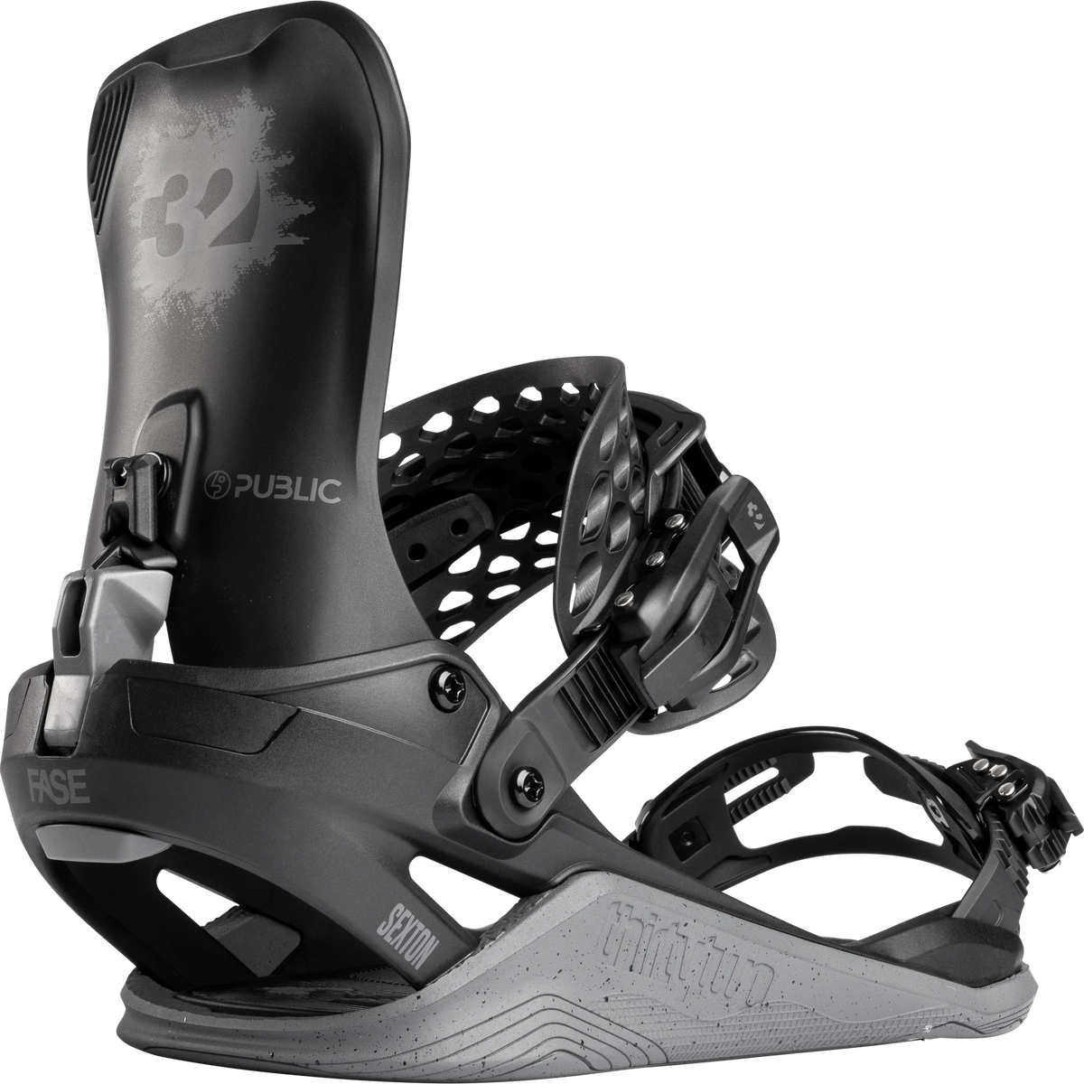 ThirtyTwo Basin FASE x Public snowboard bindings in black and gray, side view