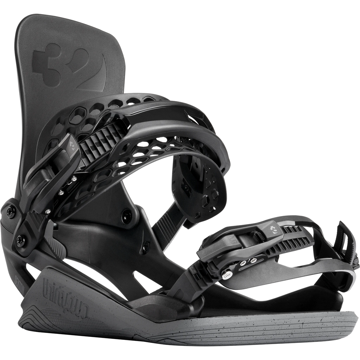 ThirtyTwo Basin FASE x Public snowboard bindings in black and gray, side view