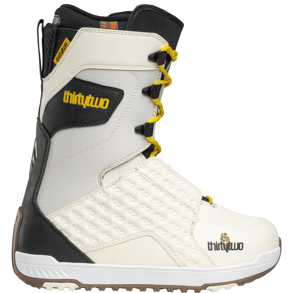 ThirtyTwo Lashed Fava snowboard boots in white, black, and yellow side view