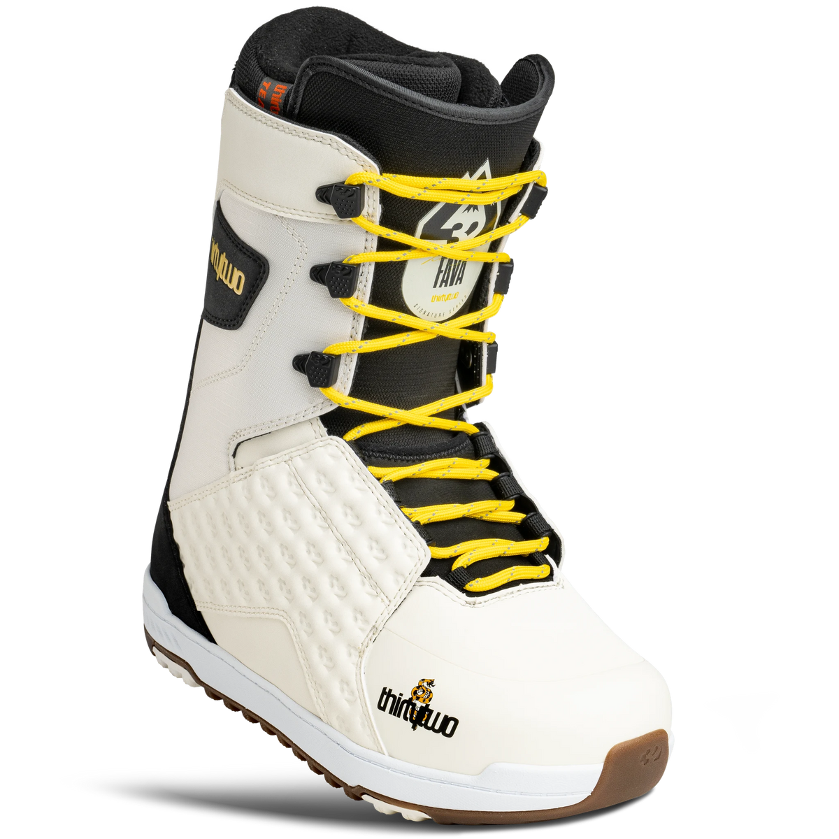 ThirtyTwo Lashed Fava men's snowboard boots in white, black and yellow, side view