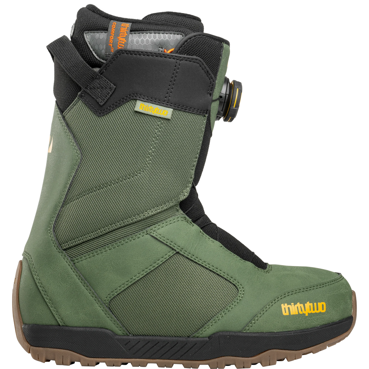 ThirtyTwo Shifty BOA snowboard boots in green, side view with BOA lacing system